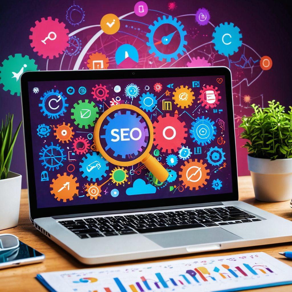 A dynamic scene of a sleek laptop displaying a vibrant website with various SEO icons floating around it, including magnifying glasses, gears, charts, and a rising arrow. In the background, a digital garden of analytics graphs, tools, and interconnected networks grows, symbolizing growth and long-term success. vibrant colors. 3D.