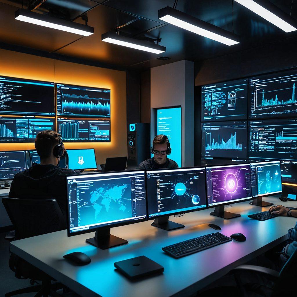 A sleek and modern web development workspace with glowing computer screens displaying lines of code, a sophisticated design wireframe, and a deployment dashboard. Include a diverse team of developers collaborating energetically, surrounded by futuristic UI/UX design tools, vibrant post-it notes, and coffee mugs. vibrant colors. super-realistic.
