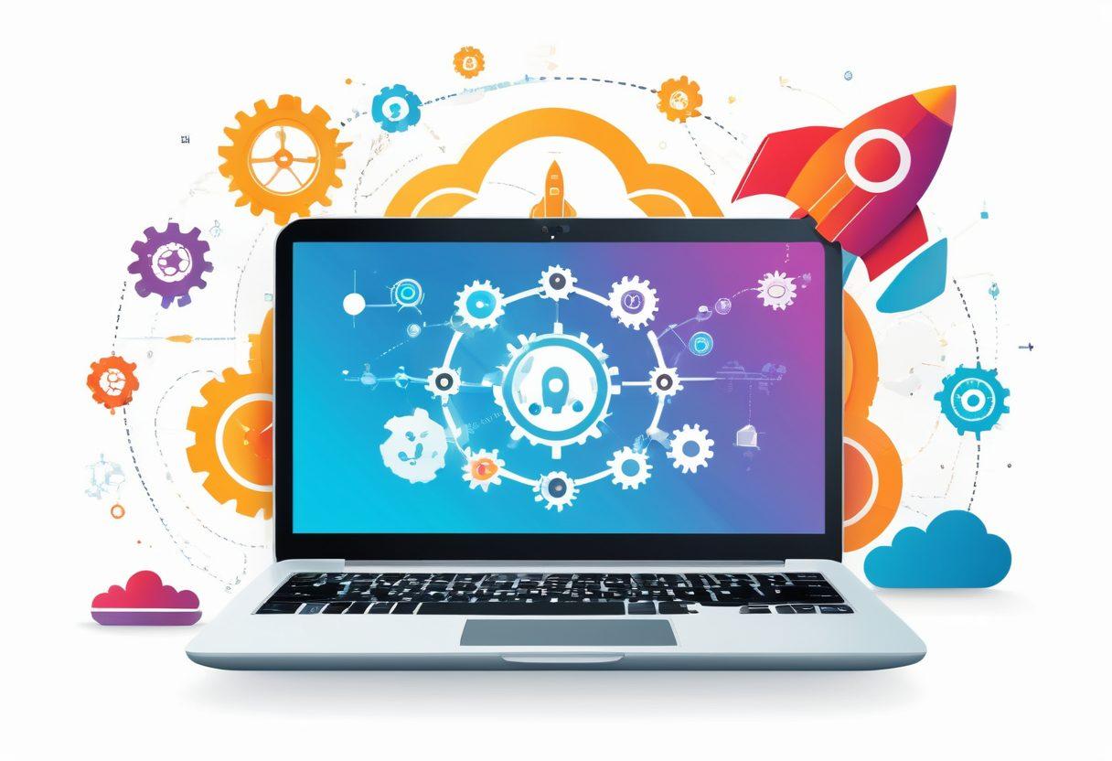 A dynamic illustration of a laptop and a smartphone symbolizing full stack development, with interconnected gears and digital icons (code, cloud, app) depicting various digital solutions. The laptop screen shows code while the smartphone displays an app interface. A rocket launching in the background signifies going from concept to launch. modern flat design. vibrant colors. white background.